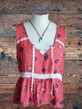 Mossimo Supply Co. Coral Printed Peplum Tank with White Lace Trim